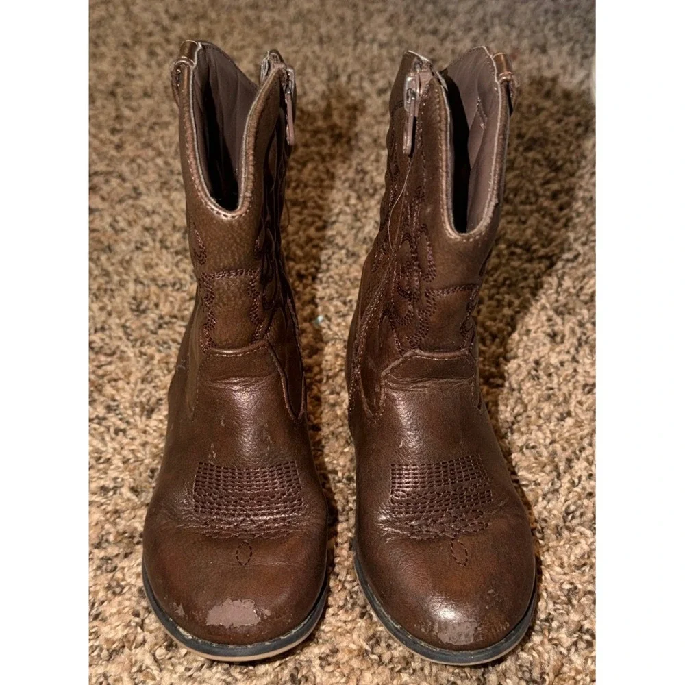 Cat & Jack Memphis Western Boots Cognac Mid-Calf Zipper Closure Size 9